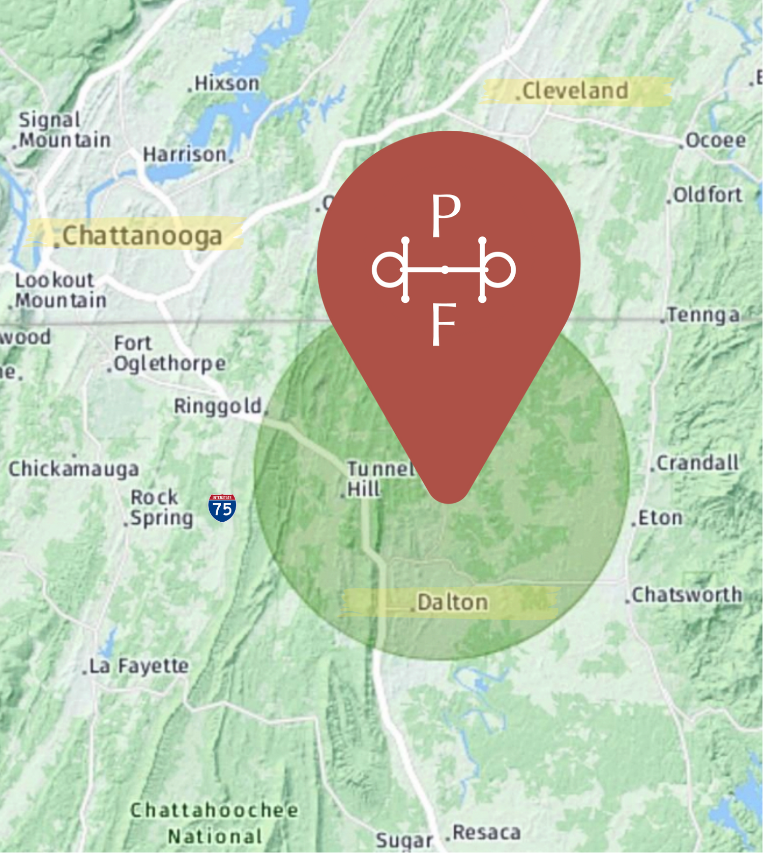 Map of a region with a red location marker labeled 'P F' near Chattanooga, Tennessee.