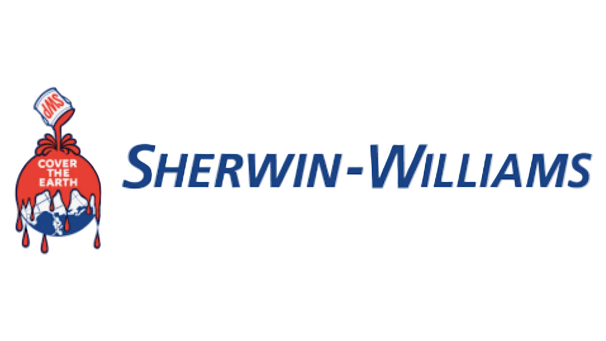 Sherwin-Williams logo on a white background, featuring the company name in blue text alongside a red, white, and blue paint-dripping globe graphic with the words 'COVER THE EARTH'.