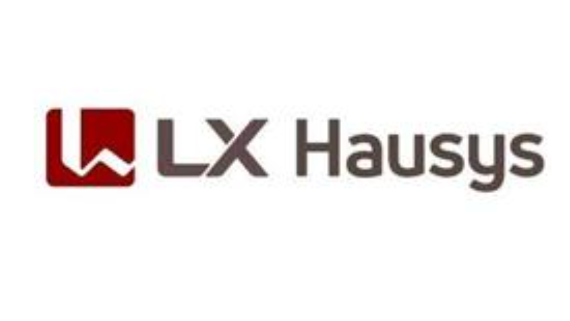 LX Hausys logo on a plain white background, featuring a dark red square icon with a white stylized mark and dark gray text.