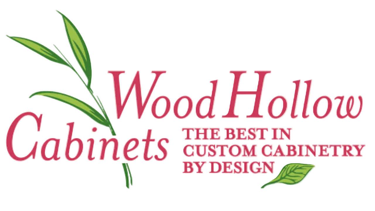 A logo-style graphic reading 'Wood Hollow Cabinets' with green leaf illustrations on a light gray background.