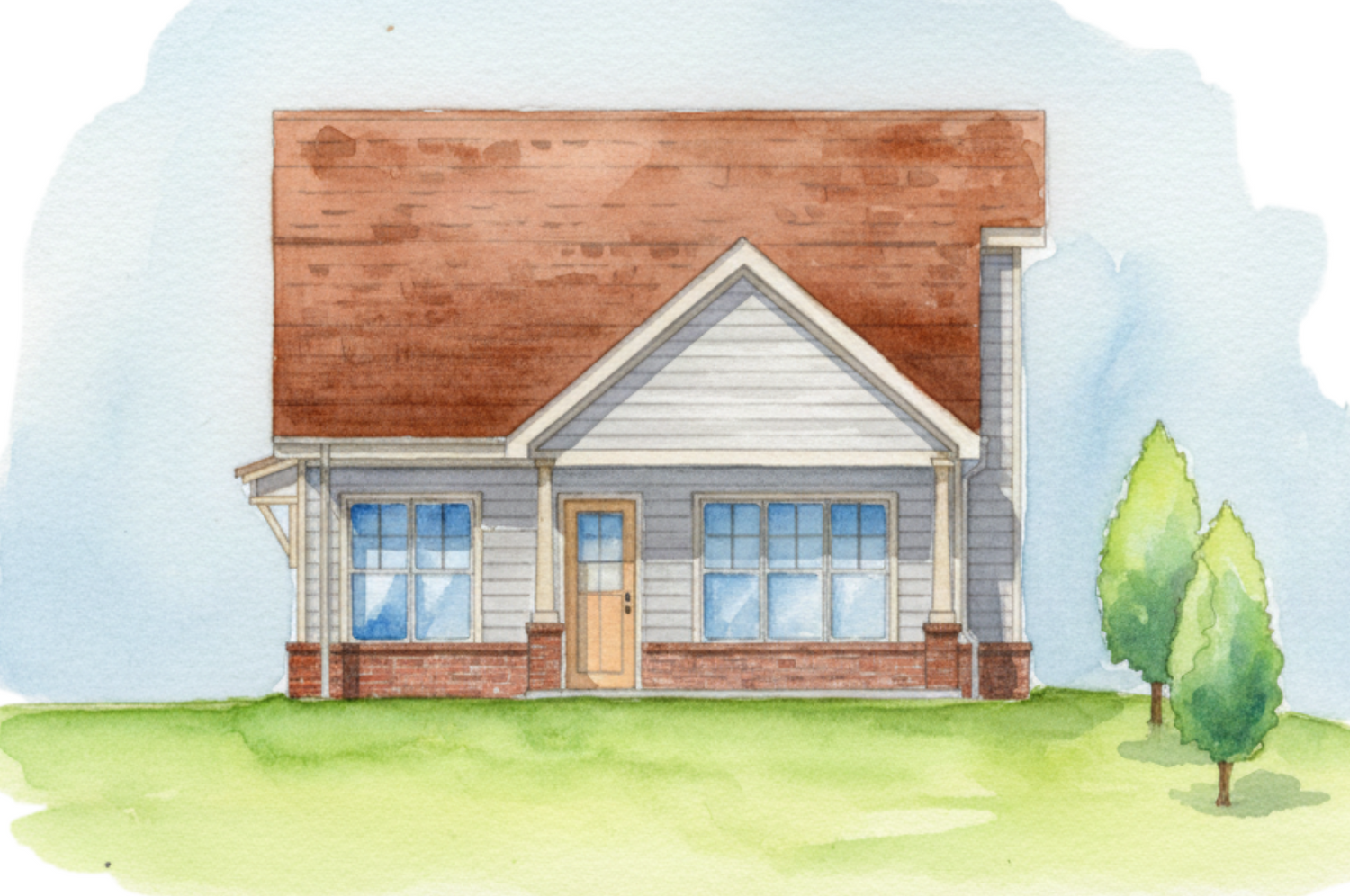 Illustration of a house with a brown roof and white walls, surrounded by green grass and trees.